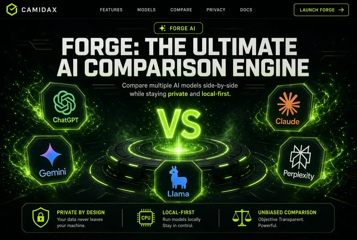 Forge AI comparison arena for ChatGPT, Claude, Gemini, Perplexity and Llama with private-by-design and local-first controls.