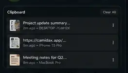 CAMIDAX Clipboard history showing text, links and files